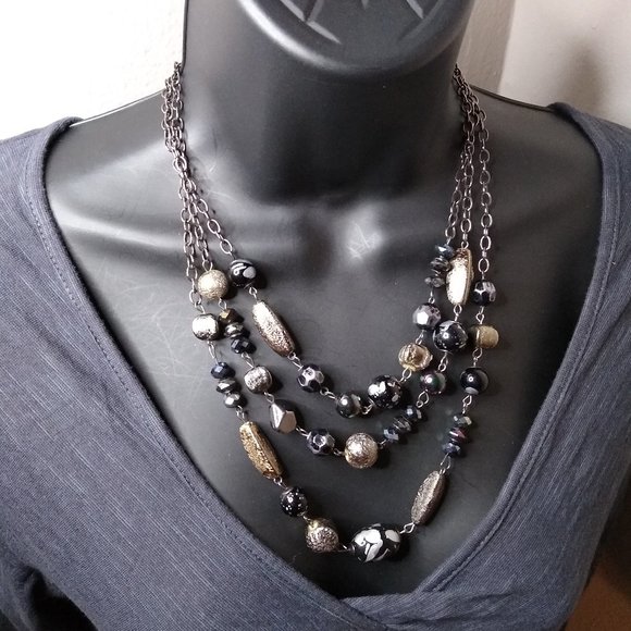 Vintage Layered Dark Bead Necklace Adjustable 18 To 21 Inches - Picture 1 of 14